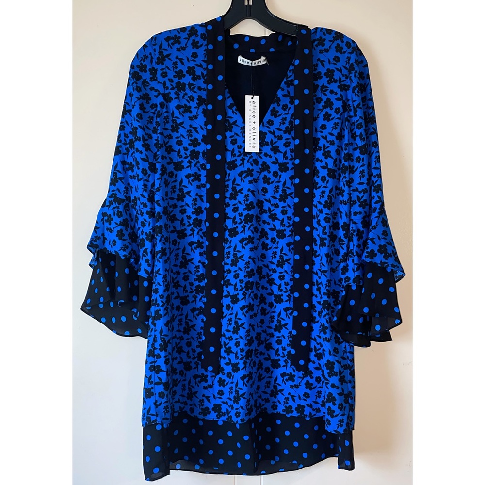 Alice + Olivia Wellesly Mixed Print Tie Neck Blue Black Mini Dress - Picture 7 of 16